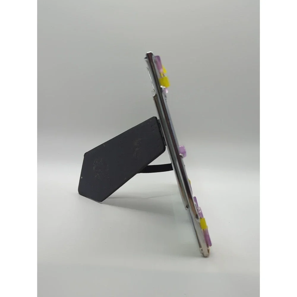 Vintage Stained Glass Photo Frame Purple Yellow Beaded Tabletop 4x6 Rectangle